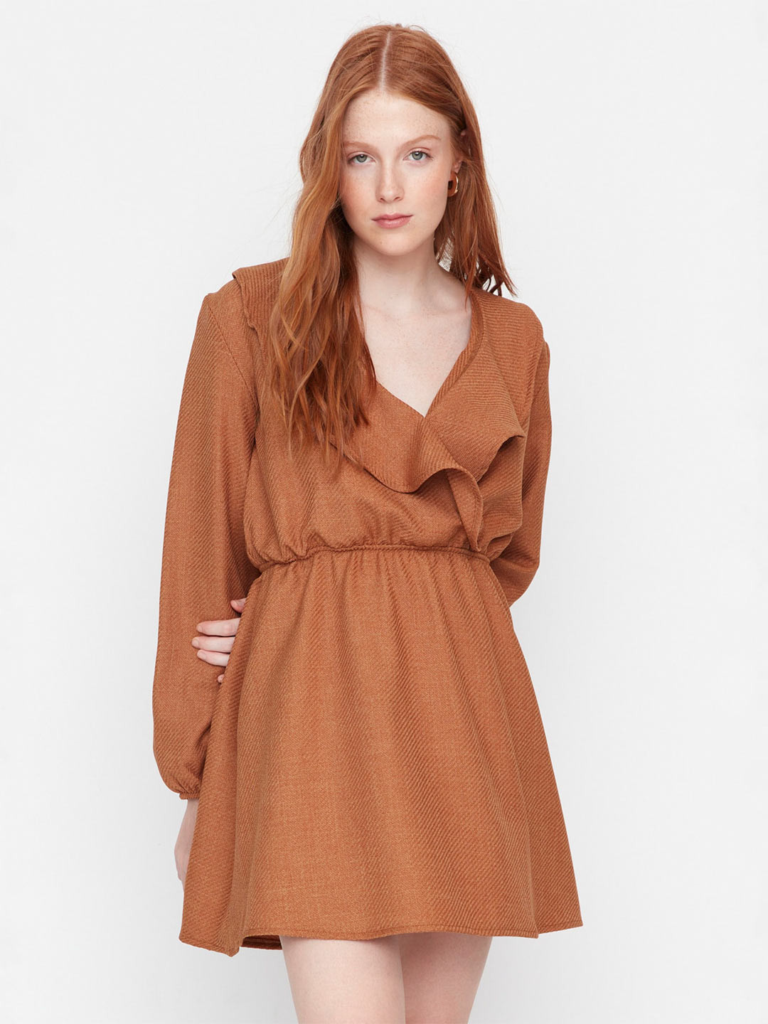 

Trendyol V-Neck Long Sleeves Fit & Flare Mini Dress, Brown