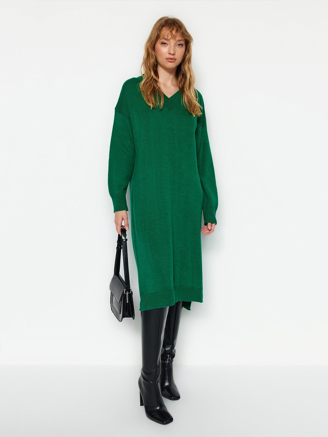 

Trendyol Self Design V-Neck Acrylic Jumper Midi Dress, Green