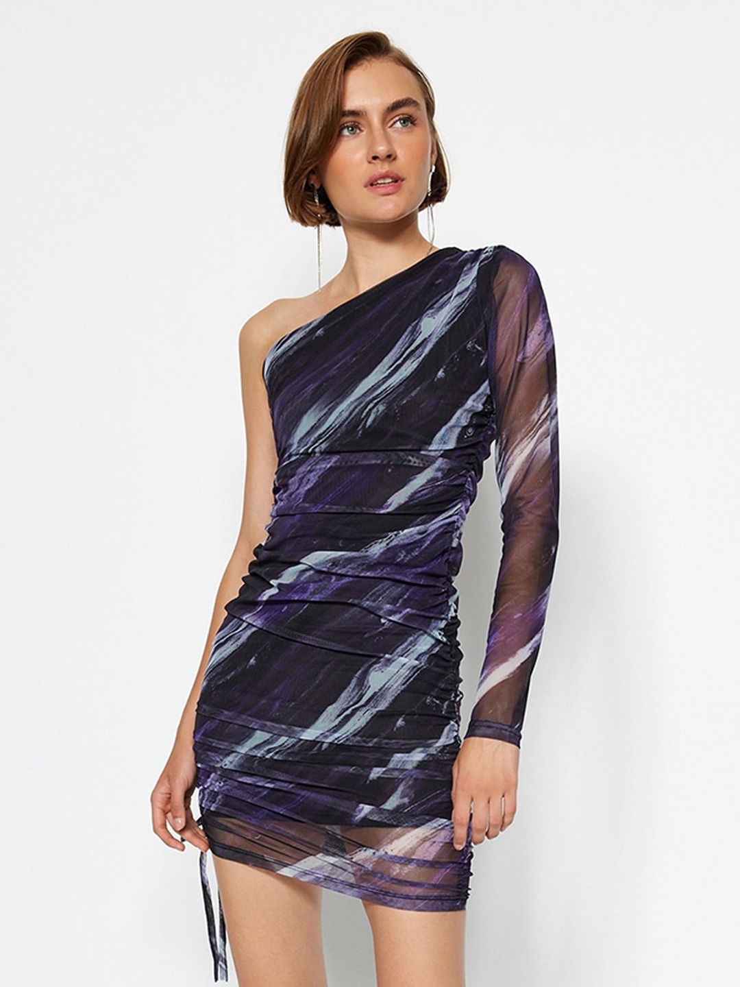 

Trendyol Abstract Printed One Shoulder Gathered Sheath Mini Dress, Purple