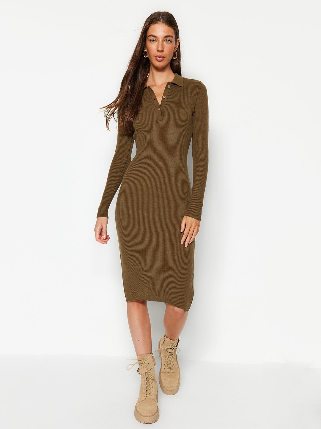 

Trendyol Shirt Collar Long Sleeves Sheath Dress, Khaki