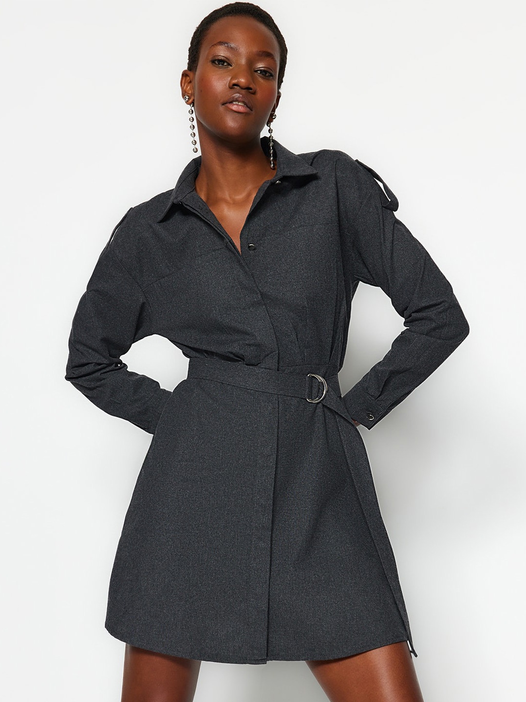 

Trendyol Shirt Collar Fit & Flare Mini Dress, Grey