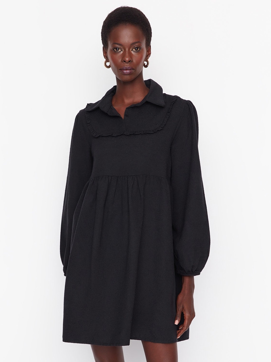 

Trendyol Shirt Collar Puffed Sleeves Fit & Flare Mini Dress, Black