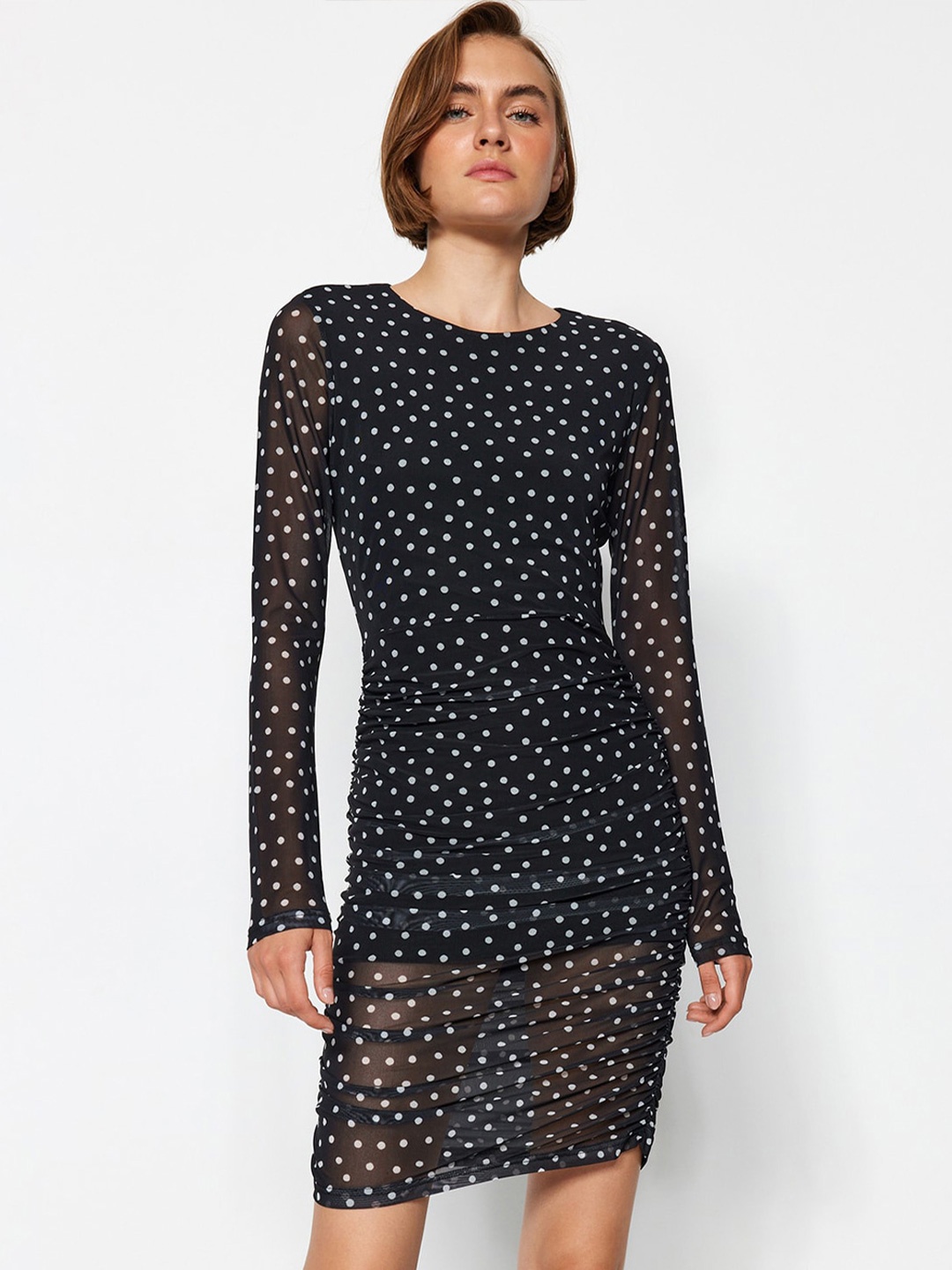 

Trendyol Polka Dot Printed Ruched Bodycon Dress, Black