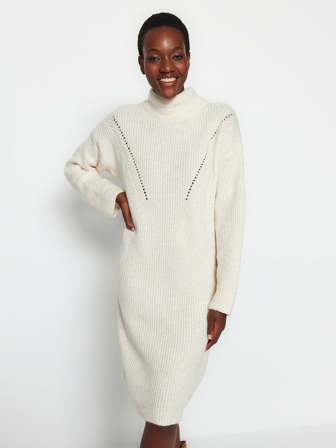 

Trendyol Self Design High Neck Long Sleeve Acrylic A-Line Dress, Off white