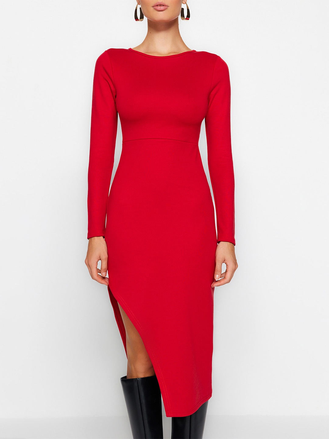 

Trendyol Round Neck Bodycon Midi Dress, Red