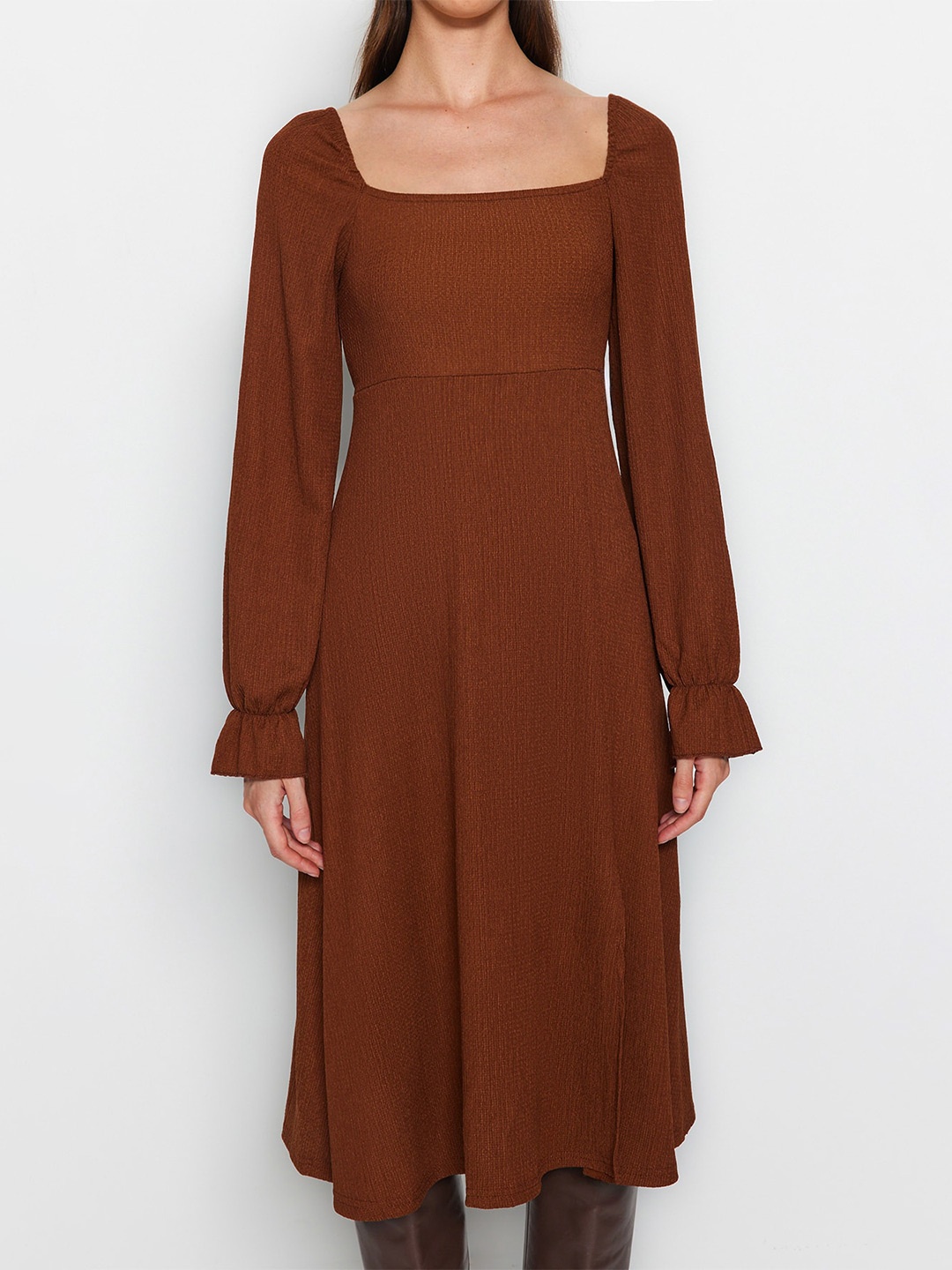 

Trendyol Square Neck Puff Sleeve A-Line Dress, Brown