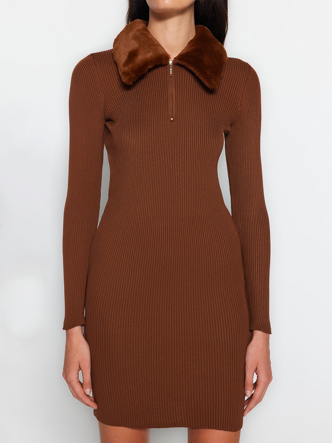 

Trendyol Self Design Long sleeves Bodycon Dress, Brown