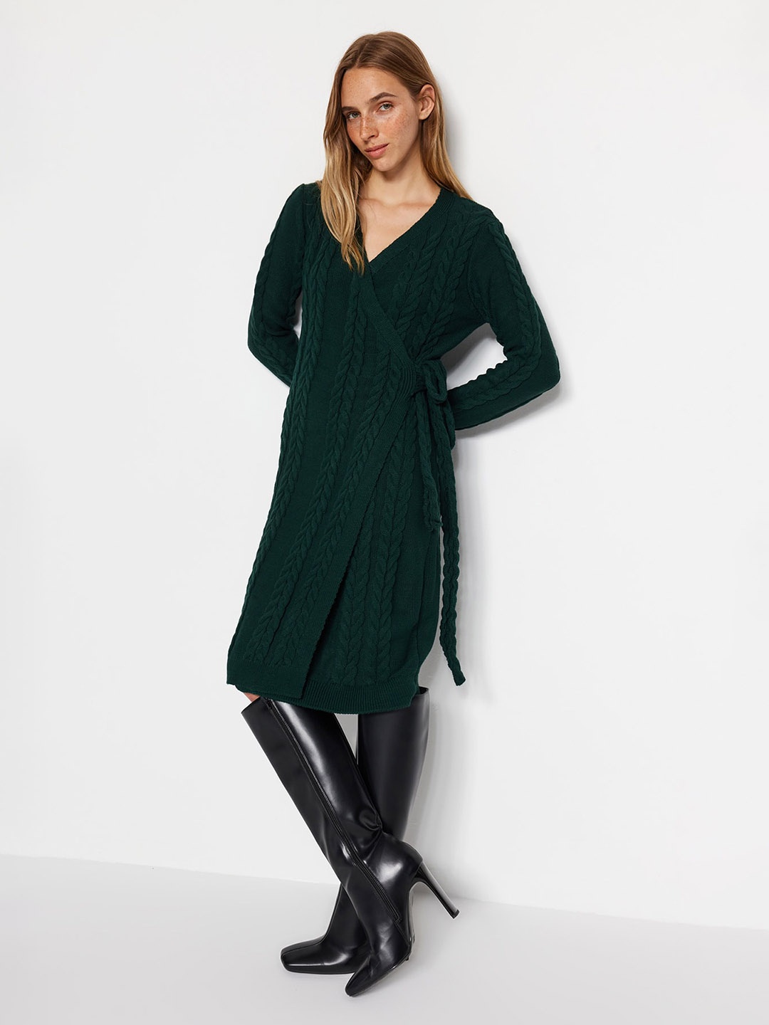 

Trendyol Self Design V-Neck Long Sleeve Wrap Acrylic Dress, Green