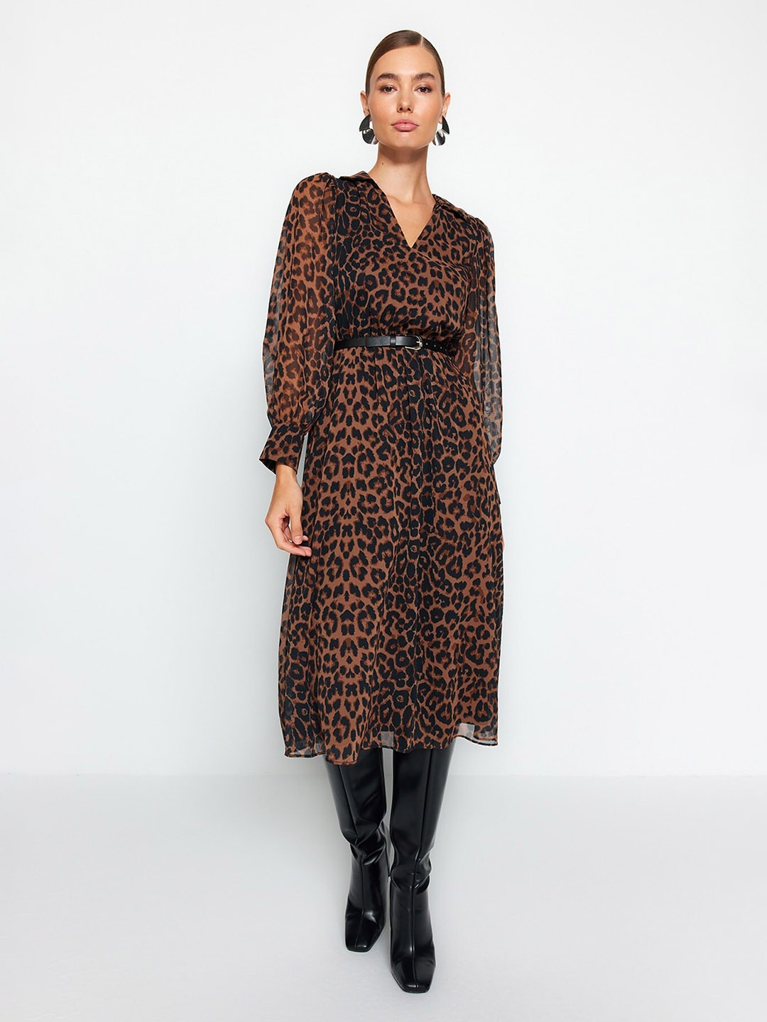 

Trendyol Animal Printed Puff Sleeve A-Line Midi Dress, Brown