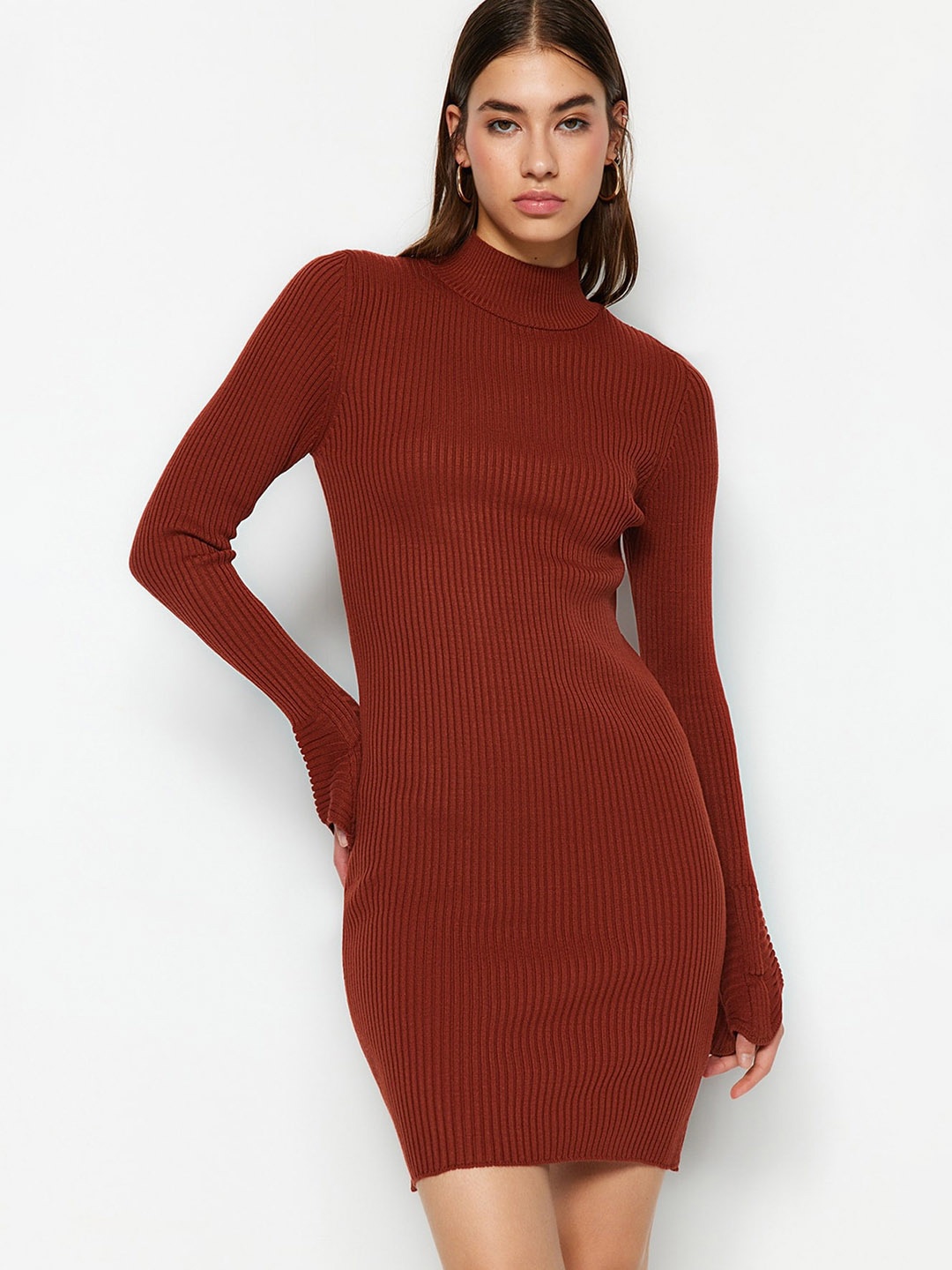 

Trendyol Ribbed High Neck Acrylic Bodycon Dress, Rust