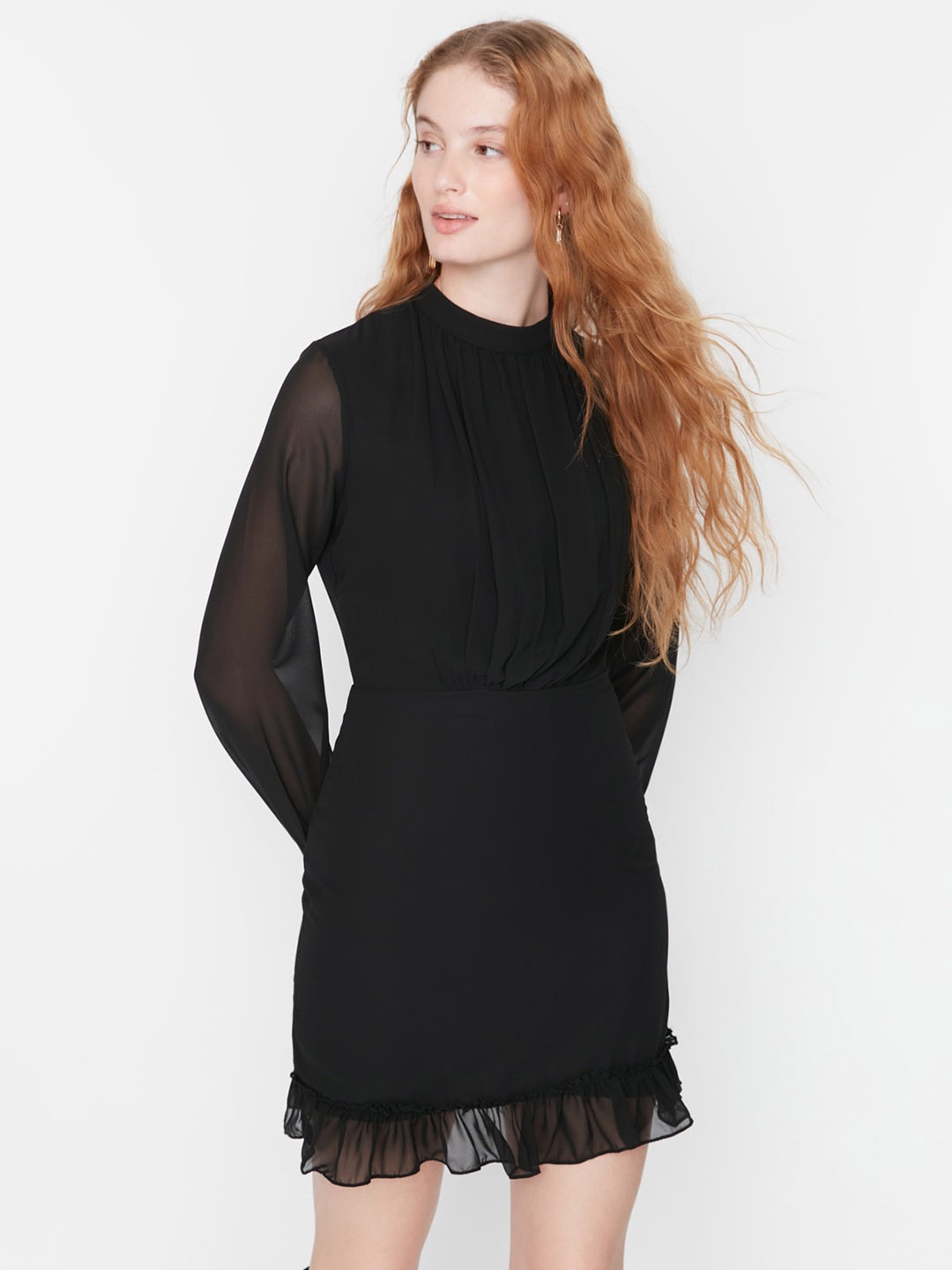 

Trendyol Pleated Detailed High Neck Long Sleeves Sheath Dress, Black