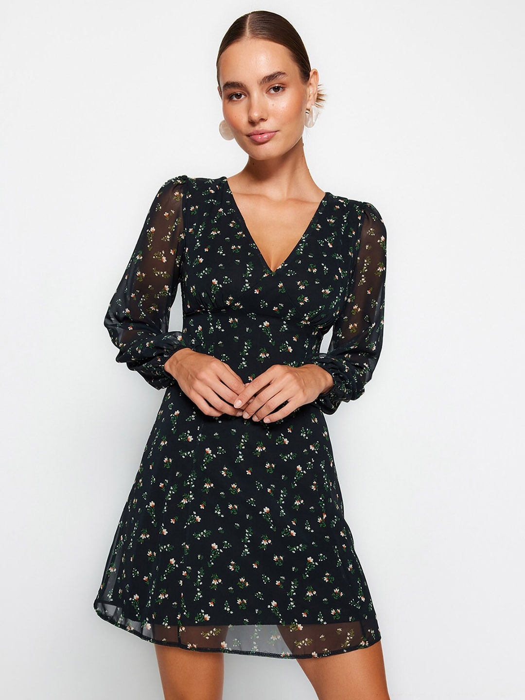 

Trendyol Floral Printed Fit & Flare Dress, Black