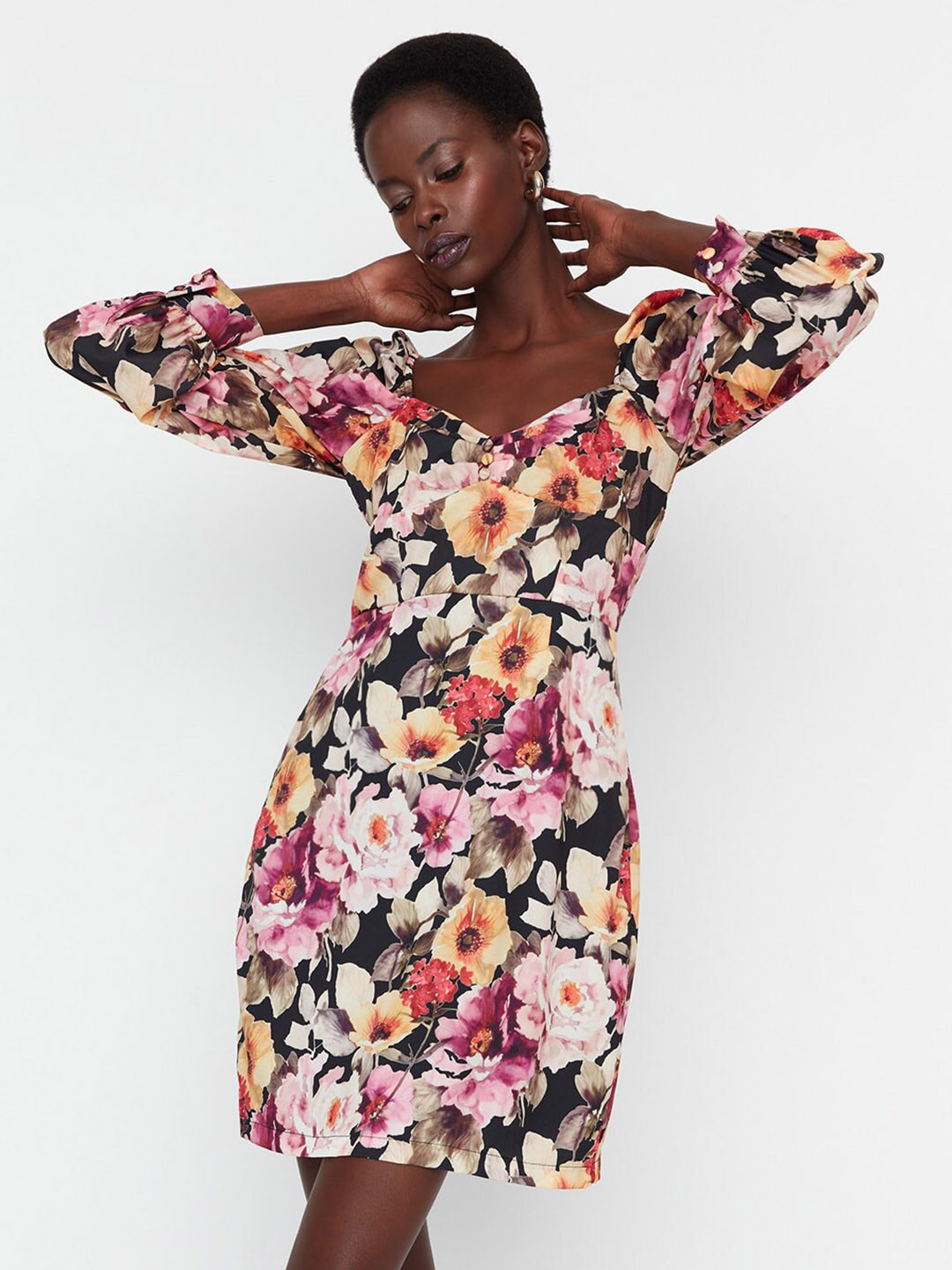 

Trendyol Floral Printed Sweetheart Neck A-Line Dress, Black