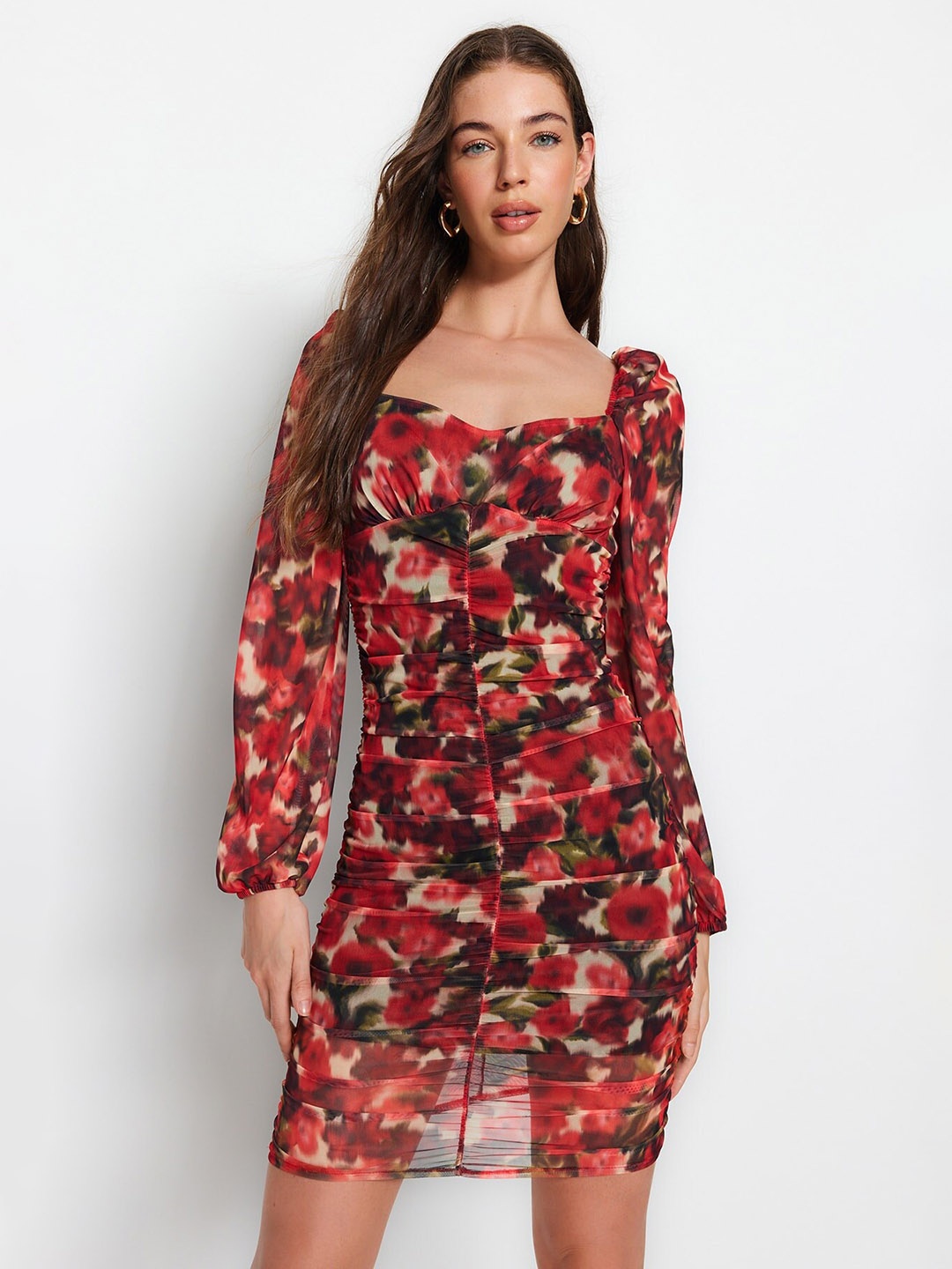 

Trendyol Floral Printed Sweetheart Neck Puffed Sleeves Bodycon Dress, Red