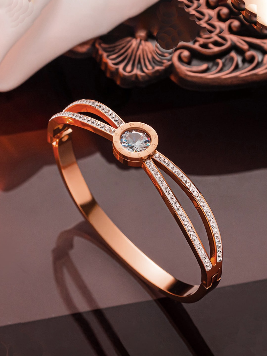 

Jewels Galaxy Rose Gold-Plated American Diamond Studded Bangle-Style Bracelet