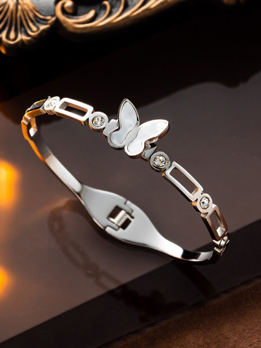 

Jewels Galaxy Women Silver-Plated Butterfly Bangle-Style Bracelet