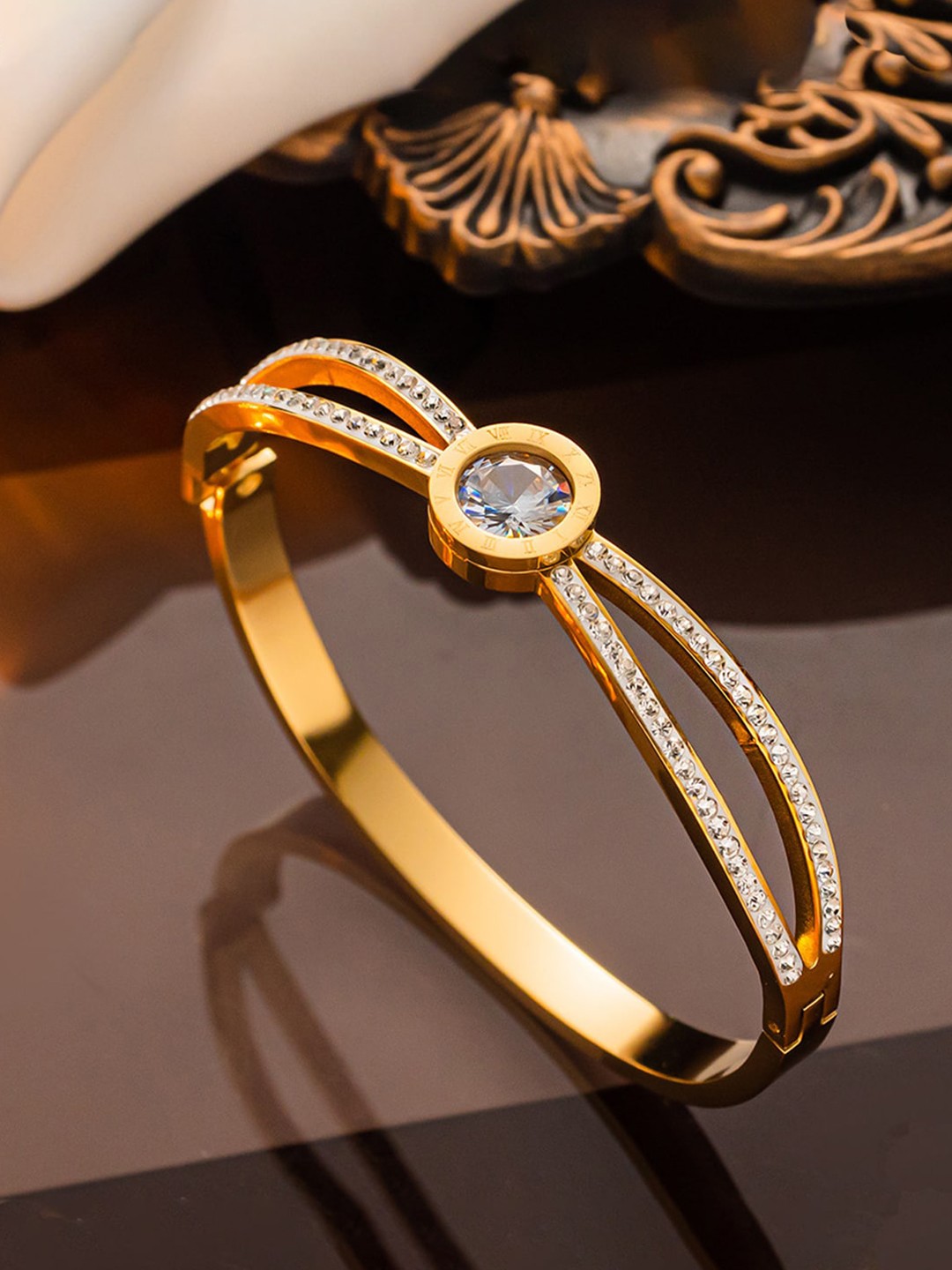 

Jewels Galaxy Gold-Plated Stainless Steel American Diamond Cuff Bracelet