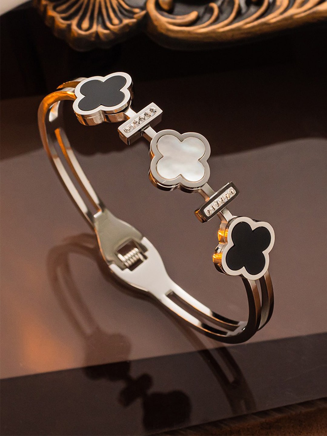 

Jewels Galaxy Women Mother of Pearl Silver-Plated Bangle-Style Bracelet