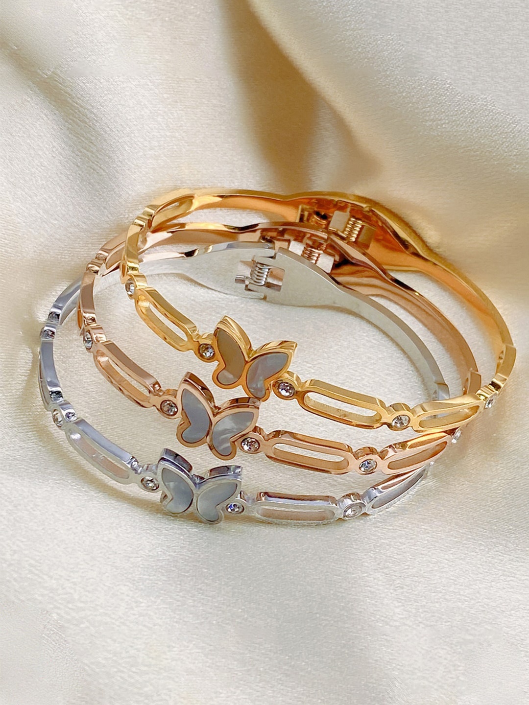 

Jewels Galaxy Set Of 3 Stainless Steel Mother of Pearl Bangle Style Bracelet, Gold