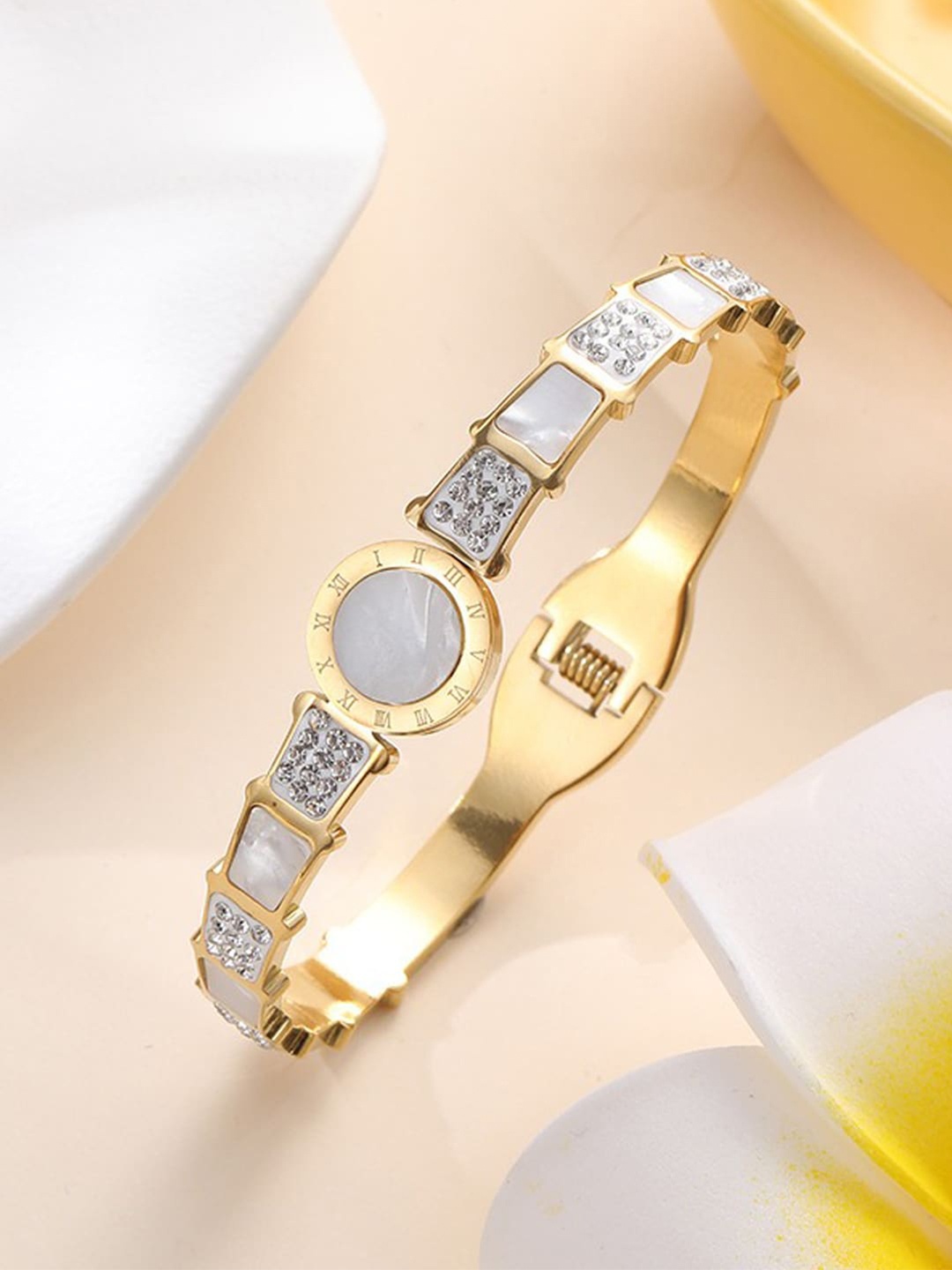 

Designs & You Gold-Plated Mother of Pearl AD Studded Bangle-Style Bracelet