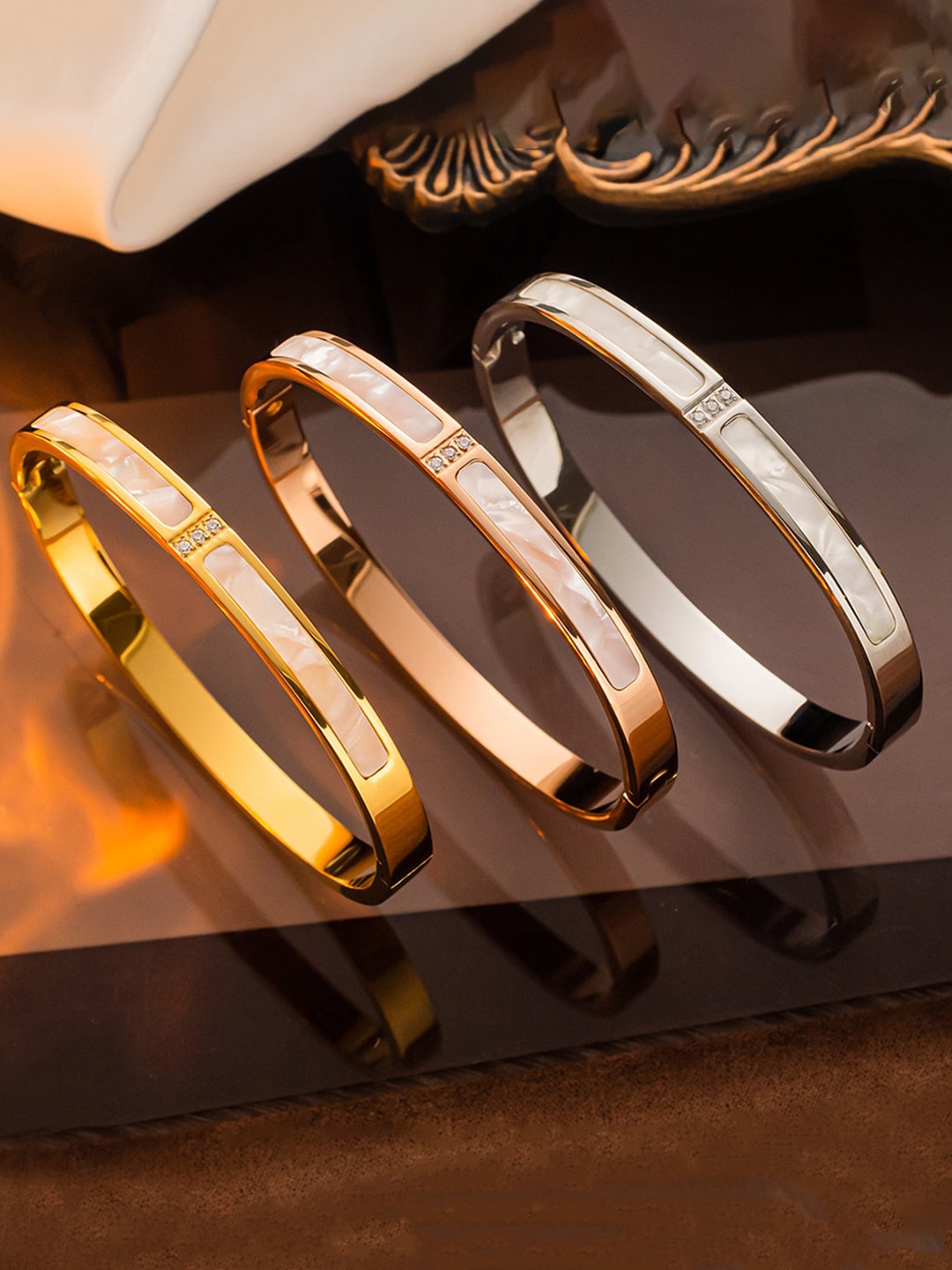 

Designs & You Set Of 3 Mother of Pearl Bangle-Style Bracelet, Rose gold