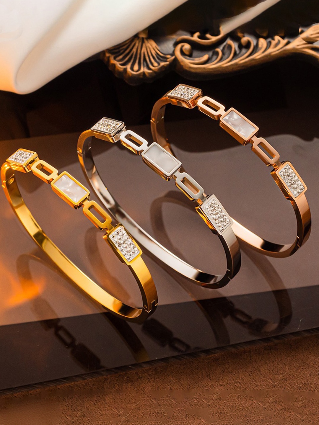 

Designs & You Set Of 3 Mother of Pearl Bangle-Style Bracelet, Gold