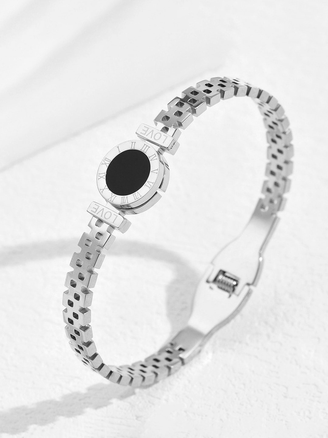 

Designs & You Silver-Plated Stone-Studded Roman Numerals Bangle-Style Bracelet