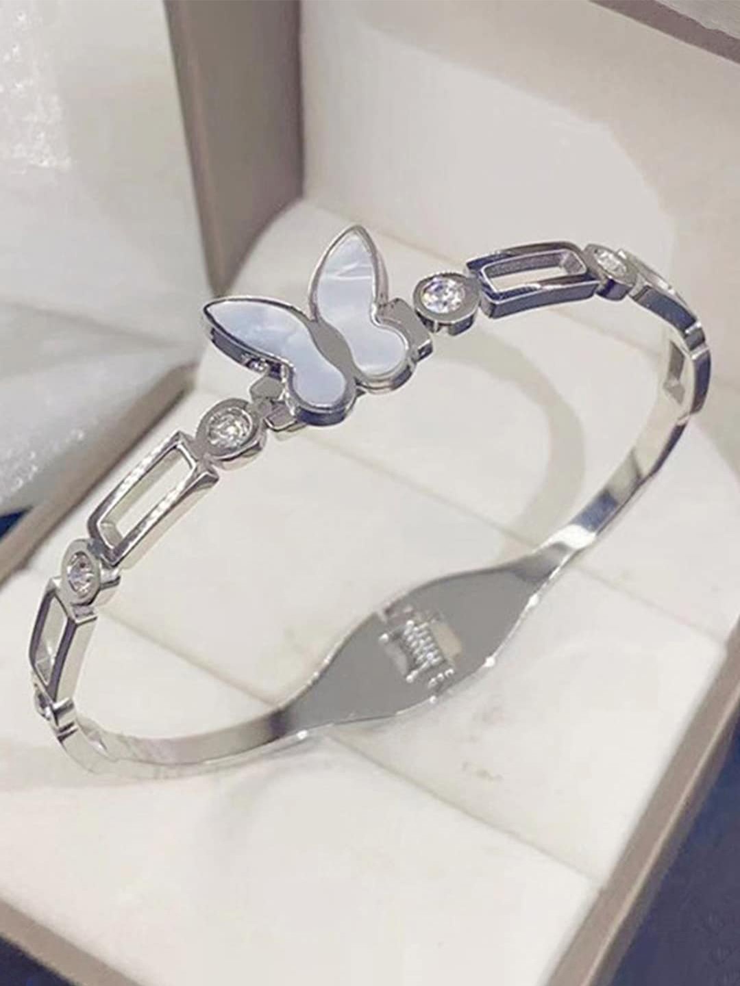 

Designs & You Mother of Pearl Silver-Plated Stainless Steel Bangle-Style Bracelet