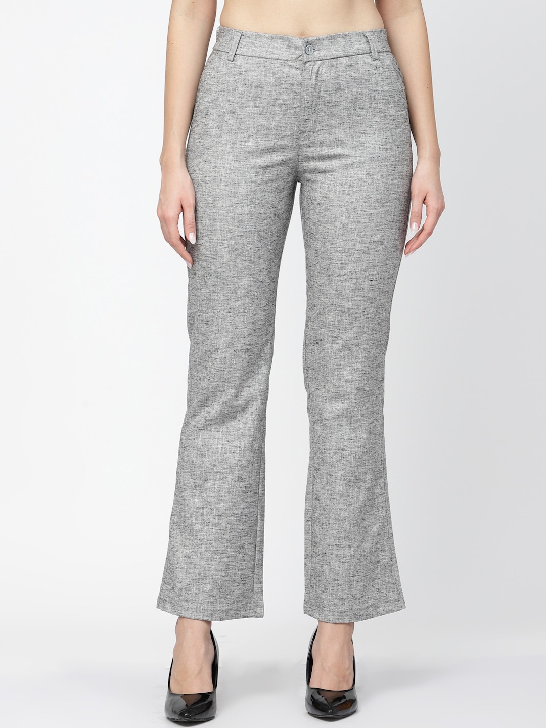 

Westwood Women Smart Loose Fit Easy Wash Linen Bootcut Trousers, Grey melange