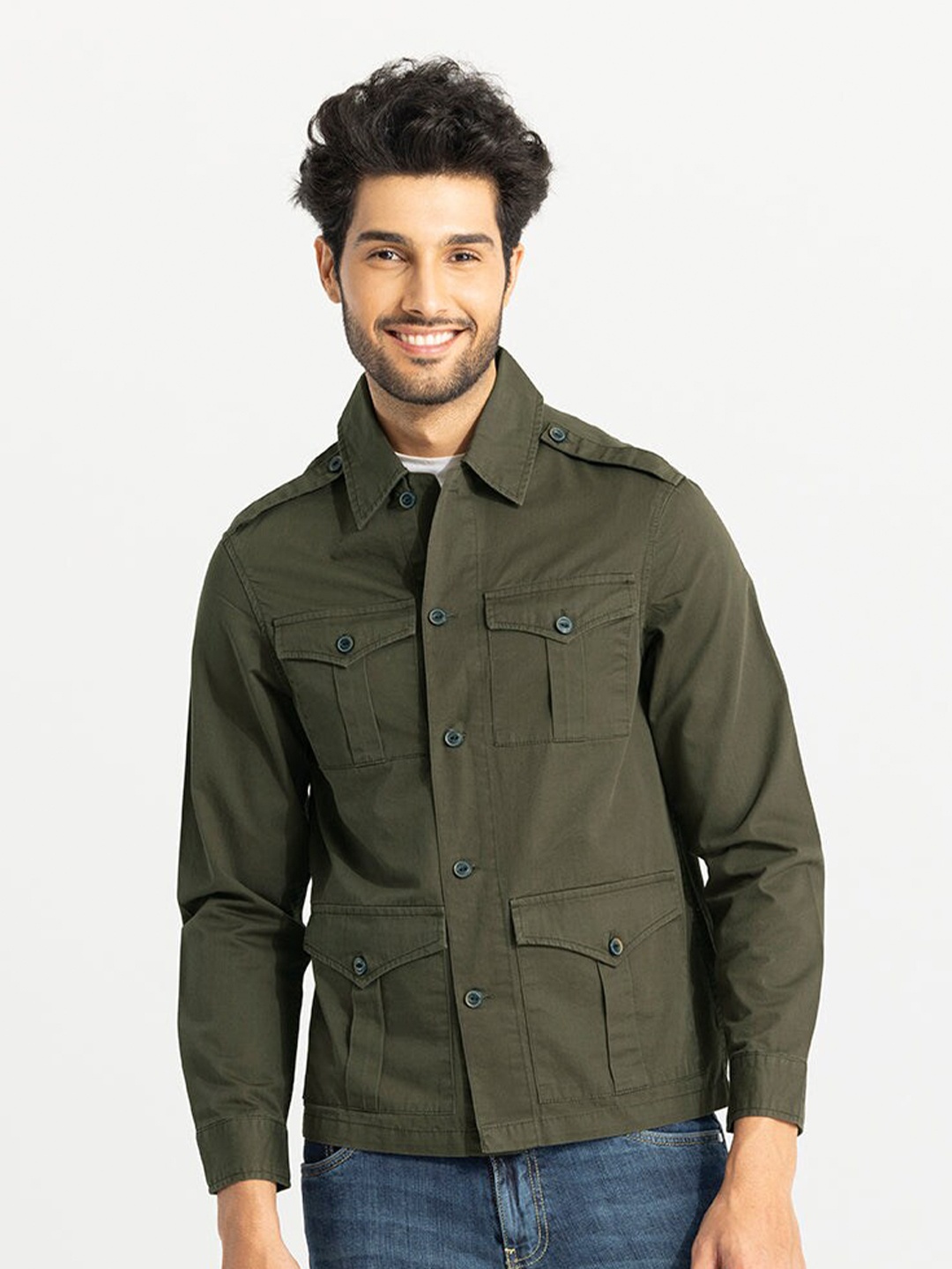 

Snitch Olive Green Classic Slim Fit Spread Collar Casual Shirt