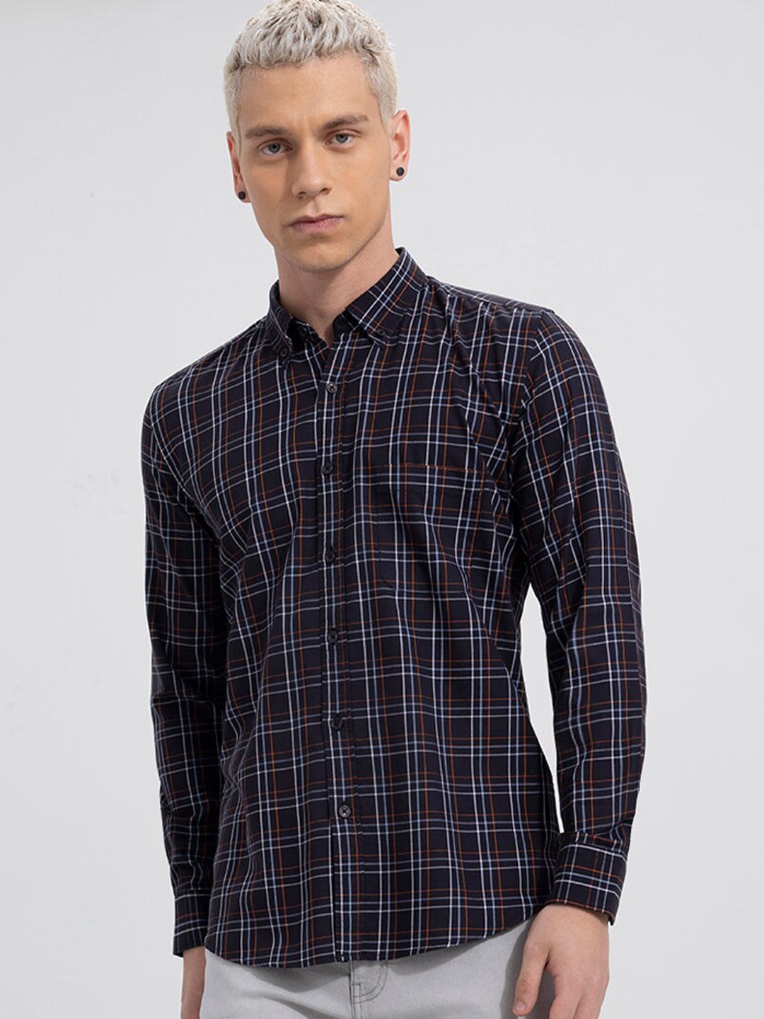 

Snitch Classic Tartan Checked Slim Fit Cotton Casual Shirt, Black