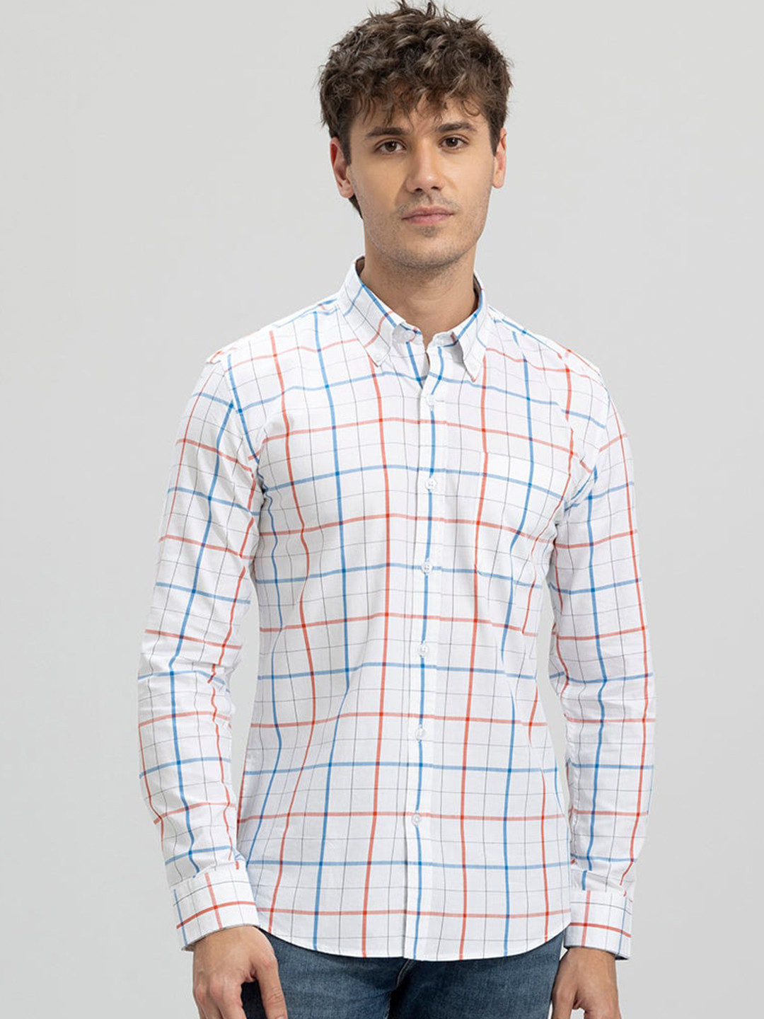 

Snitch White Classic Slim Fit Grid Tattersall Checked Casual Cotton Shirt