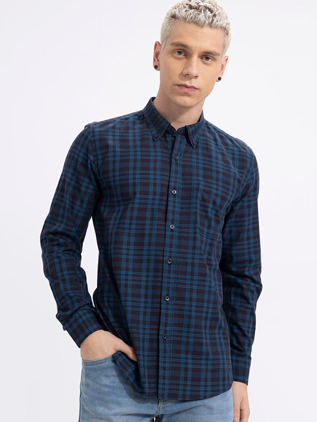 

Snitch Classic Tartan Checked Slim Fit Cotton Casual Shirt, Blue