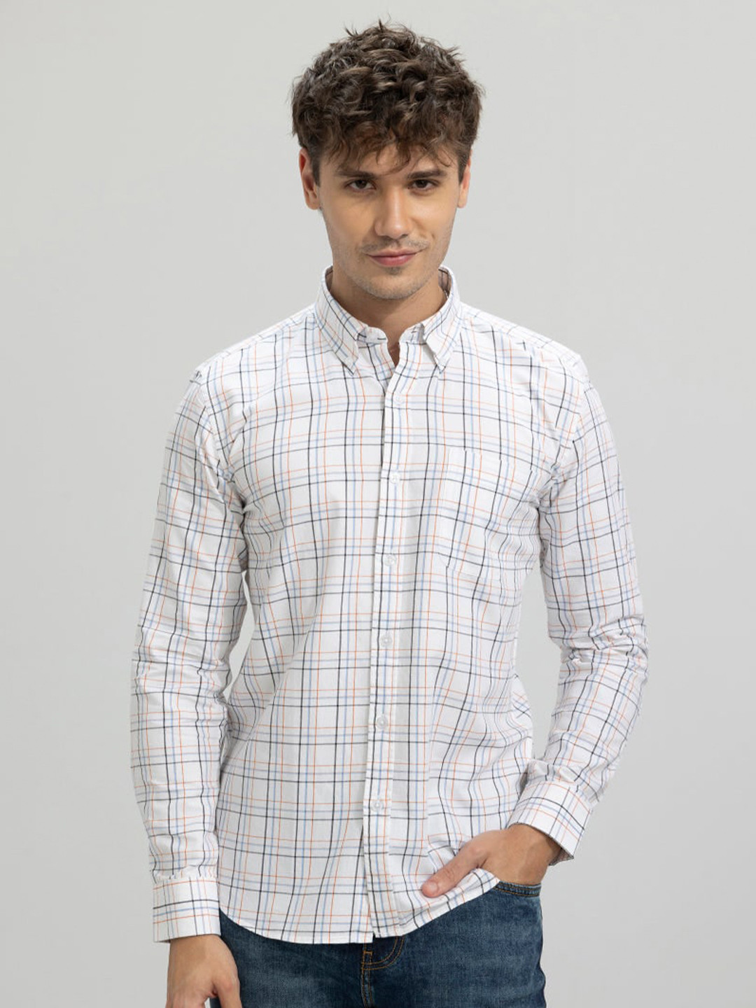 

Snitch Checked Classic Slim Fit Cotton Casual Shirt, White