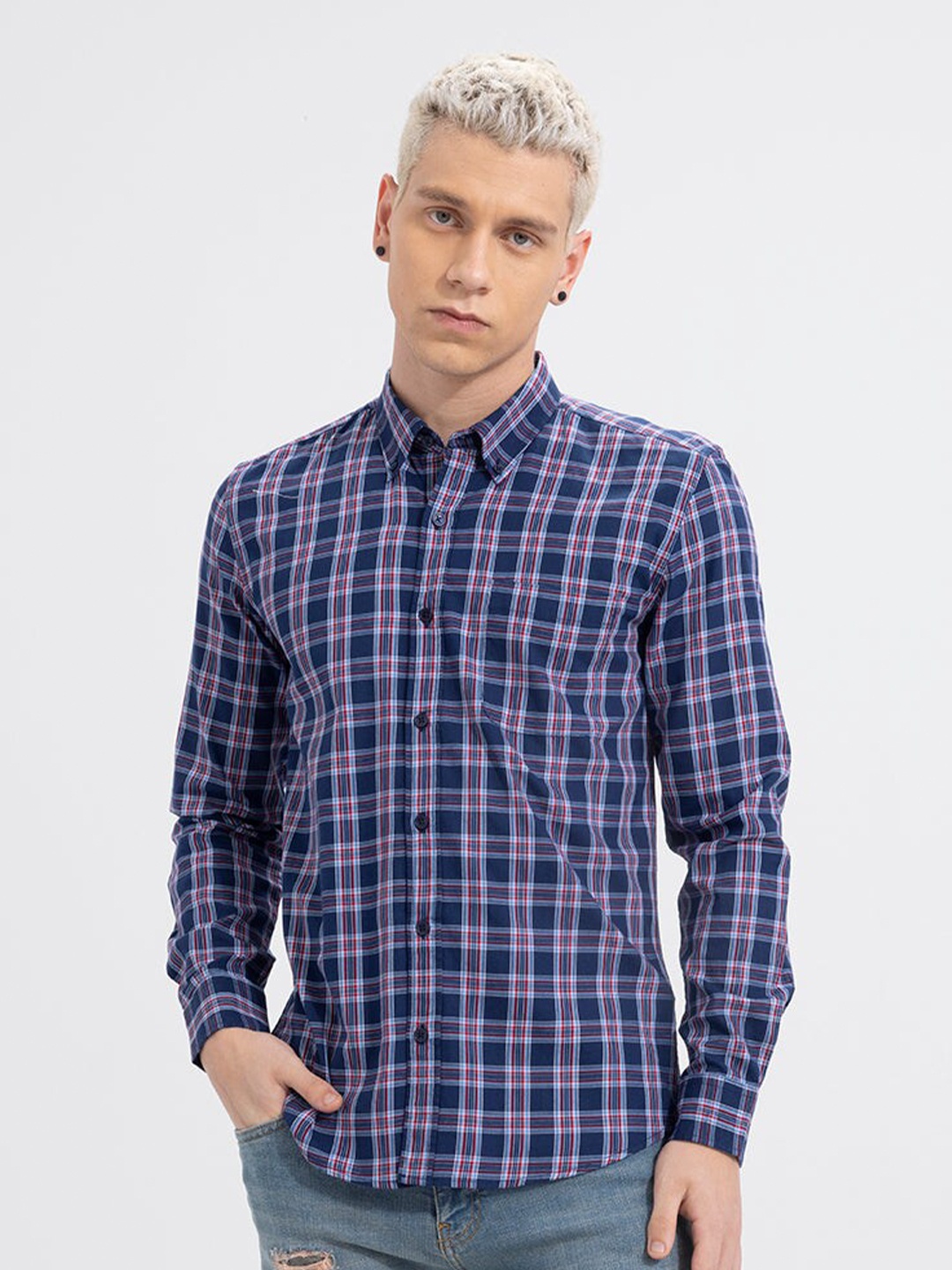 

Snitch Navy Blue Classic Slim Fit Tartan Checked Button-Down Collar Cotton Casual Shirt