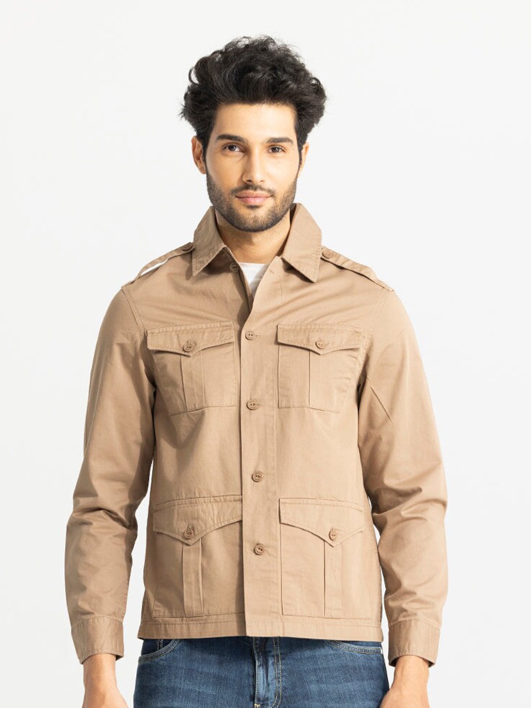 

Snitch Khaki Classic Slim Fit Spread Collar Casual Shirt