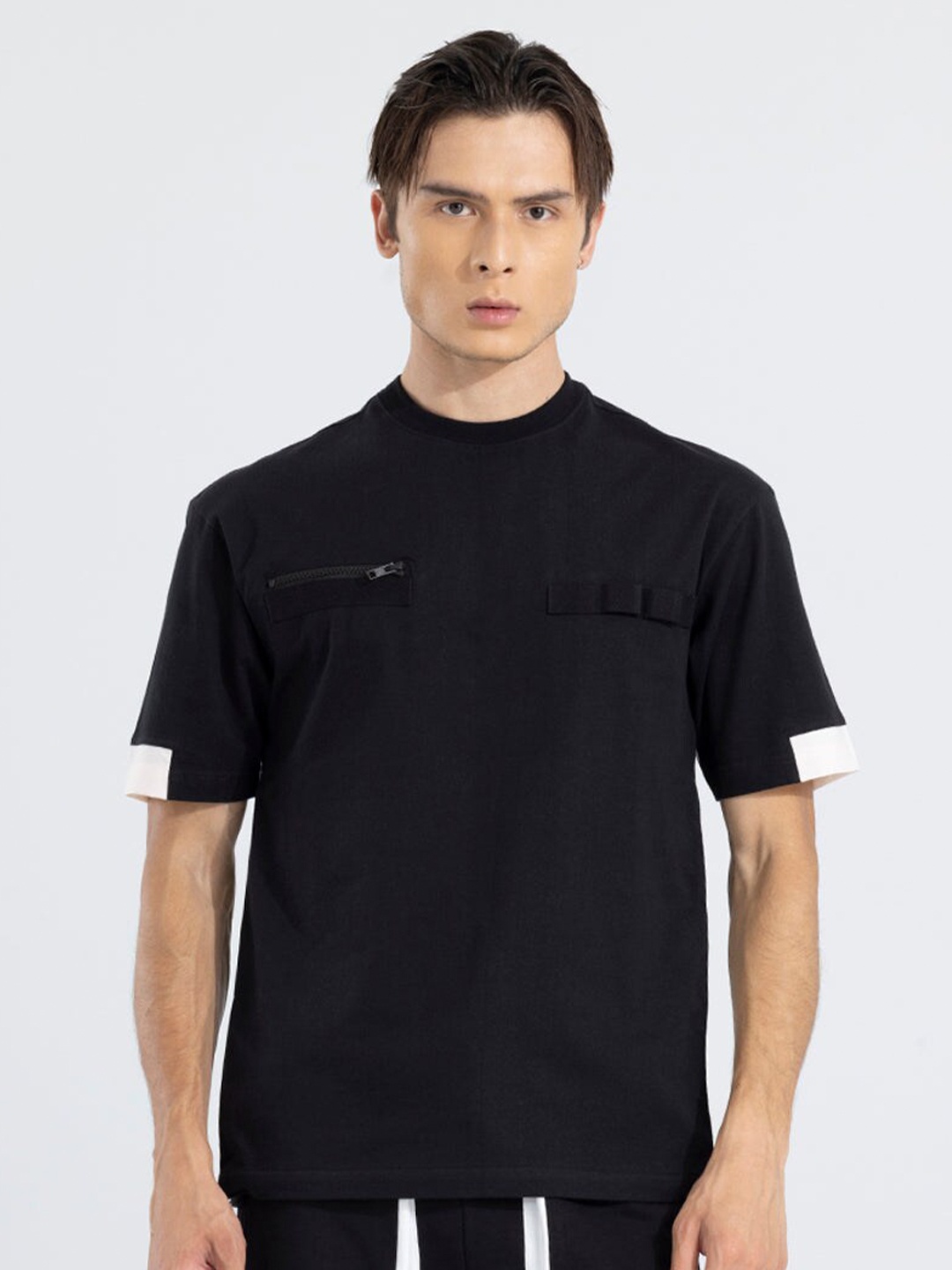 

Snitch Black Round Neck Pocket Relaxed Fit Cotton Casual T-shirt