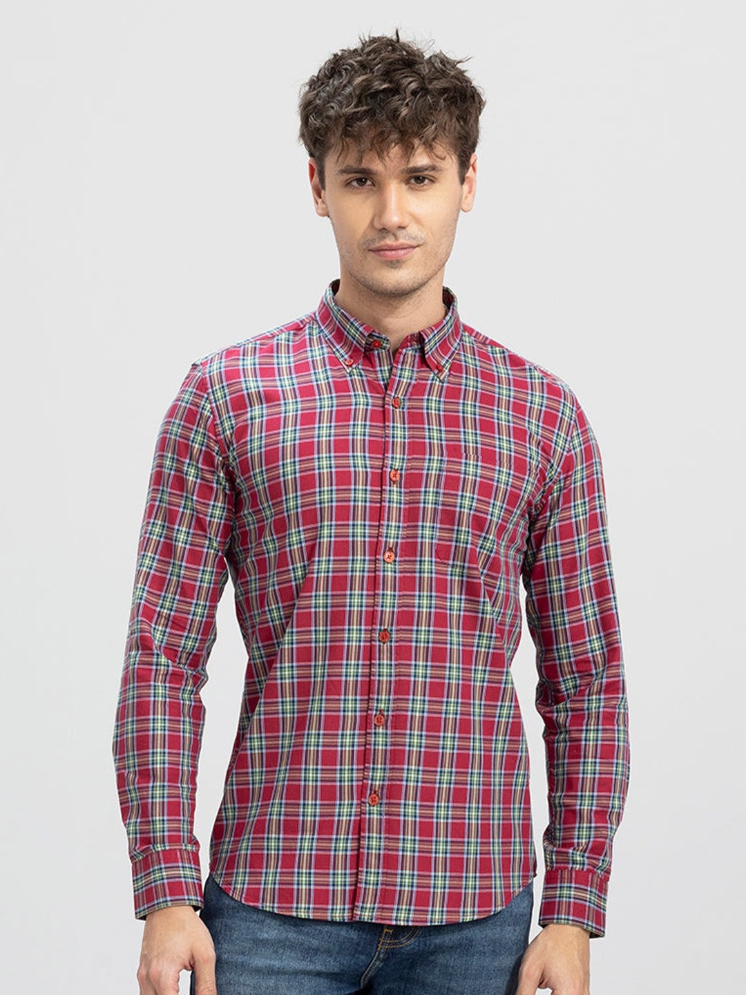 

Snitch Spread Collar Classic Slim Fit Tartan Checked Casual Cotton Shirt, Red