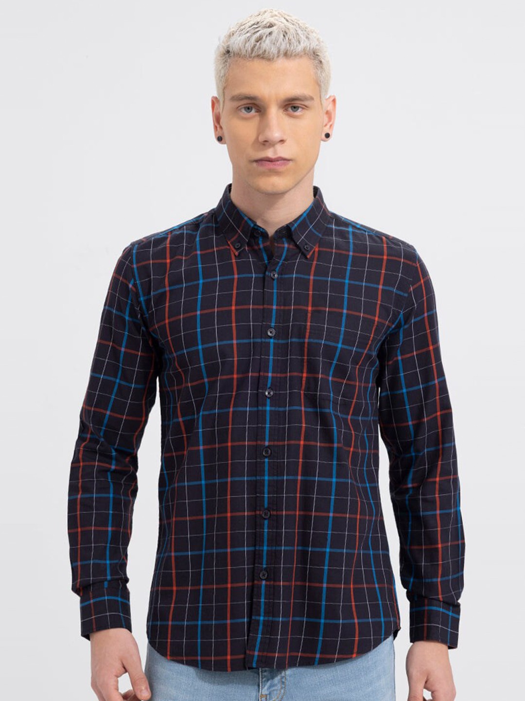 

Snitch Checked Classic Slim Fit Cotton Casual Shirt, Black
