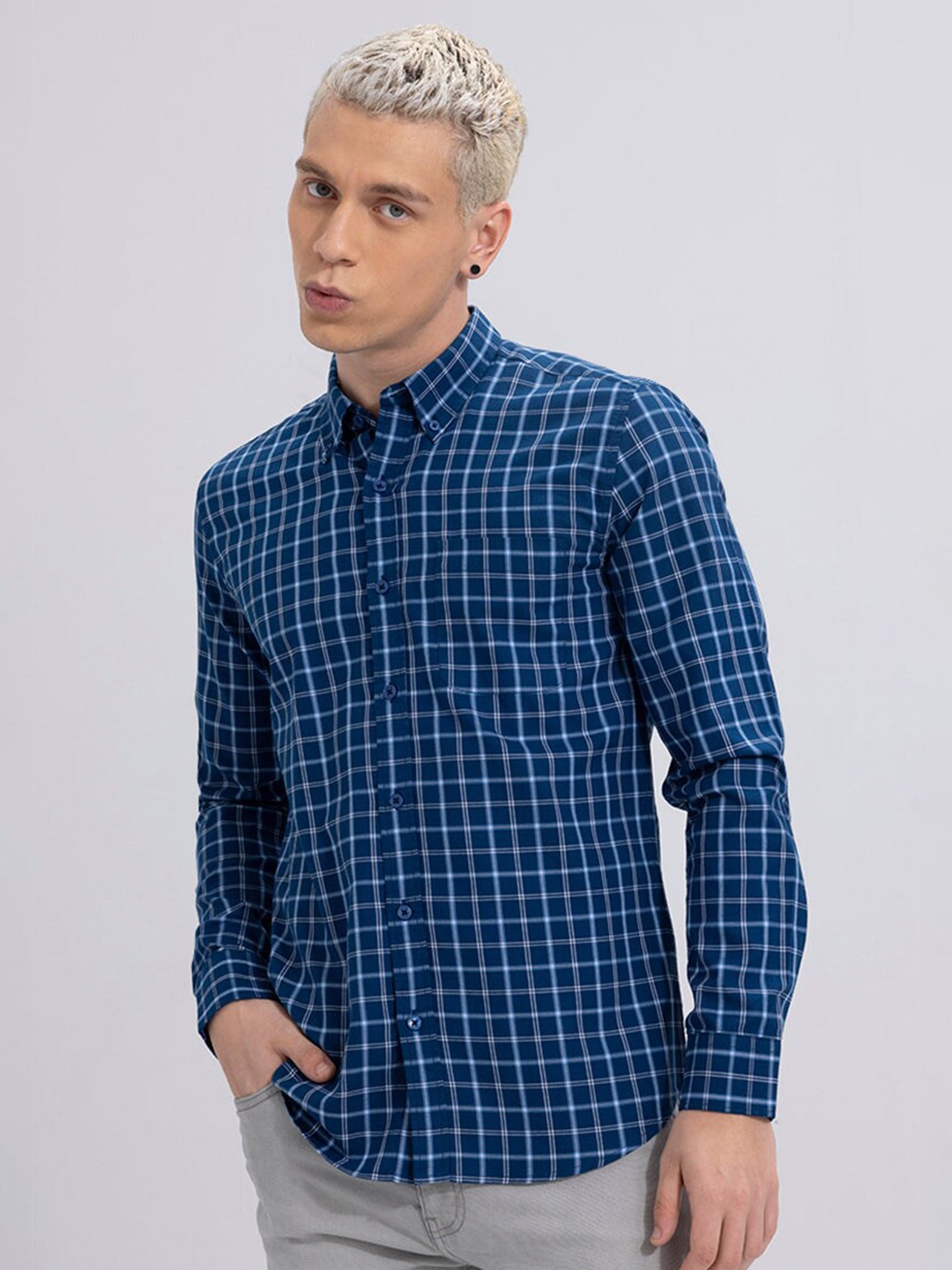 

Snitch Blue Classic Slim Fit Plaid Checked Casual Cotton Shirt