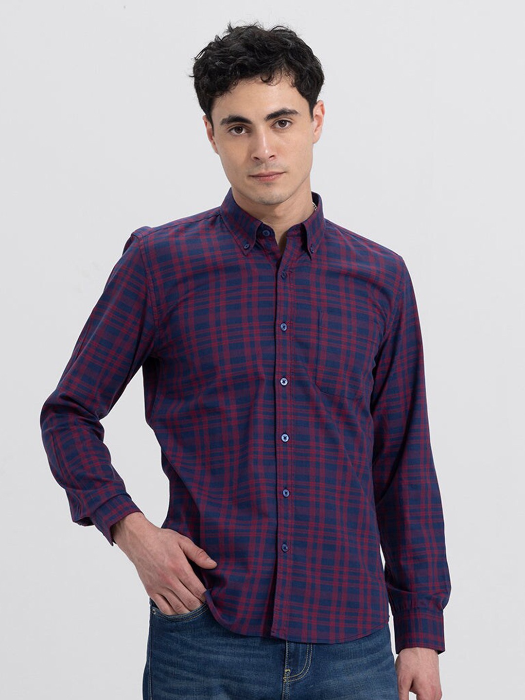 

Snitch Red Classic Slim Fit Tartan Checked Button-Down Collar Cotton Casual Shirt