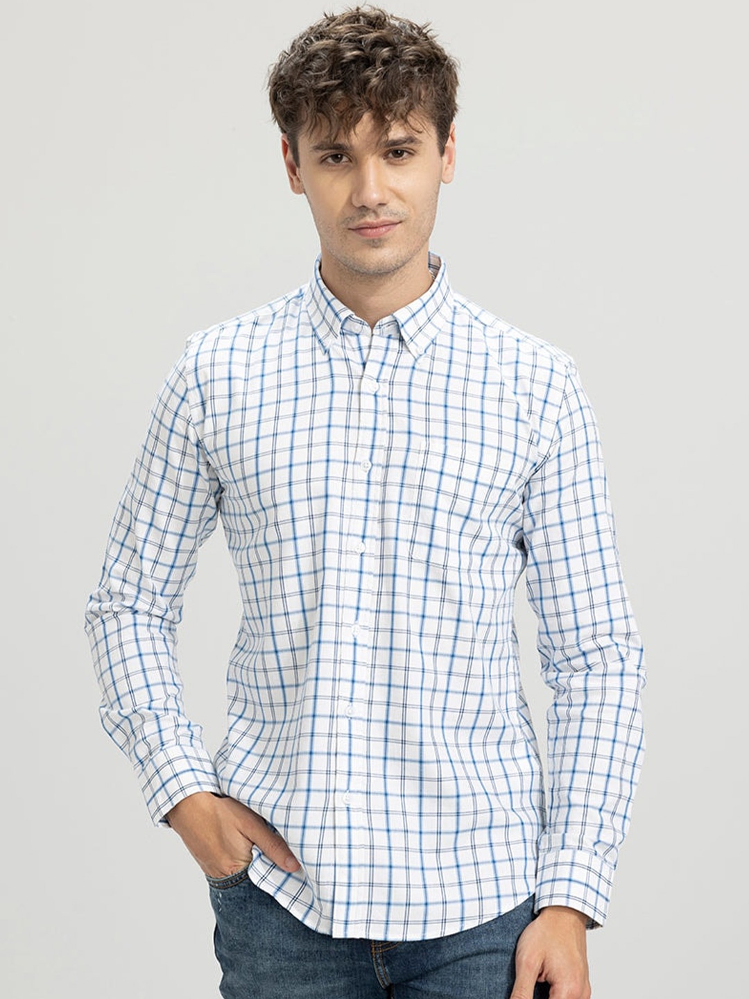 

Snitch Checked Classic Slim Fit Cotton Casual Shirt, White