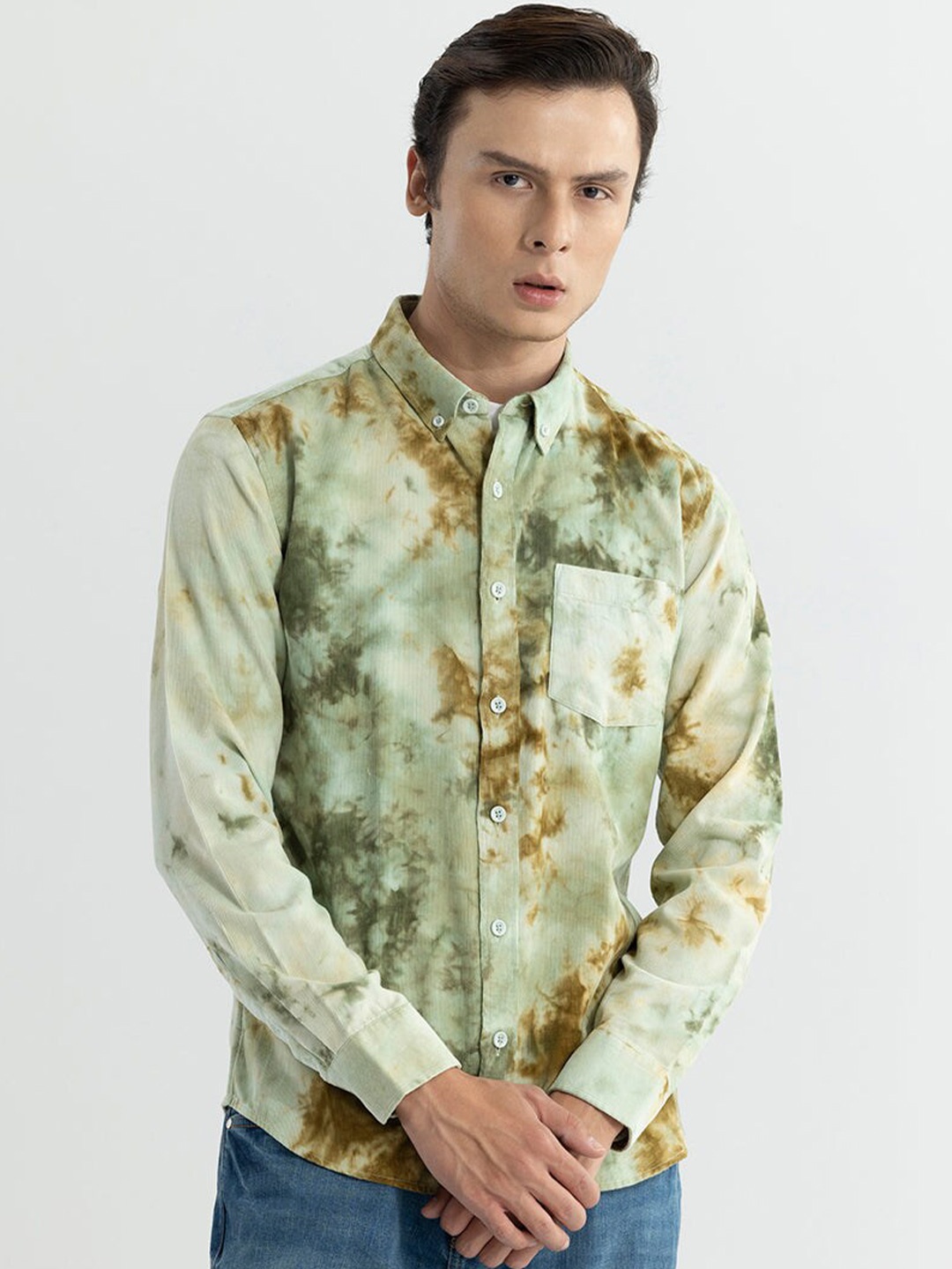 

Snitch Printed Classic Slim Fit Corduroy Casual Shirt, Green