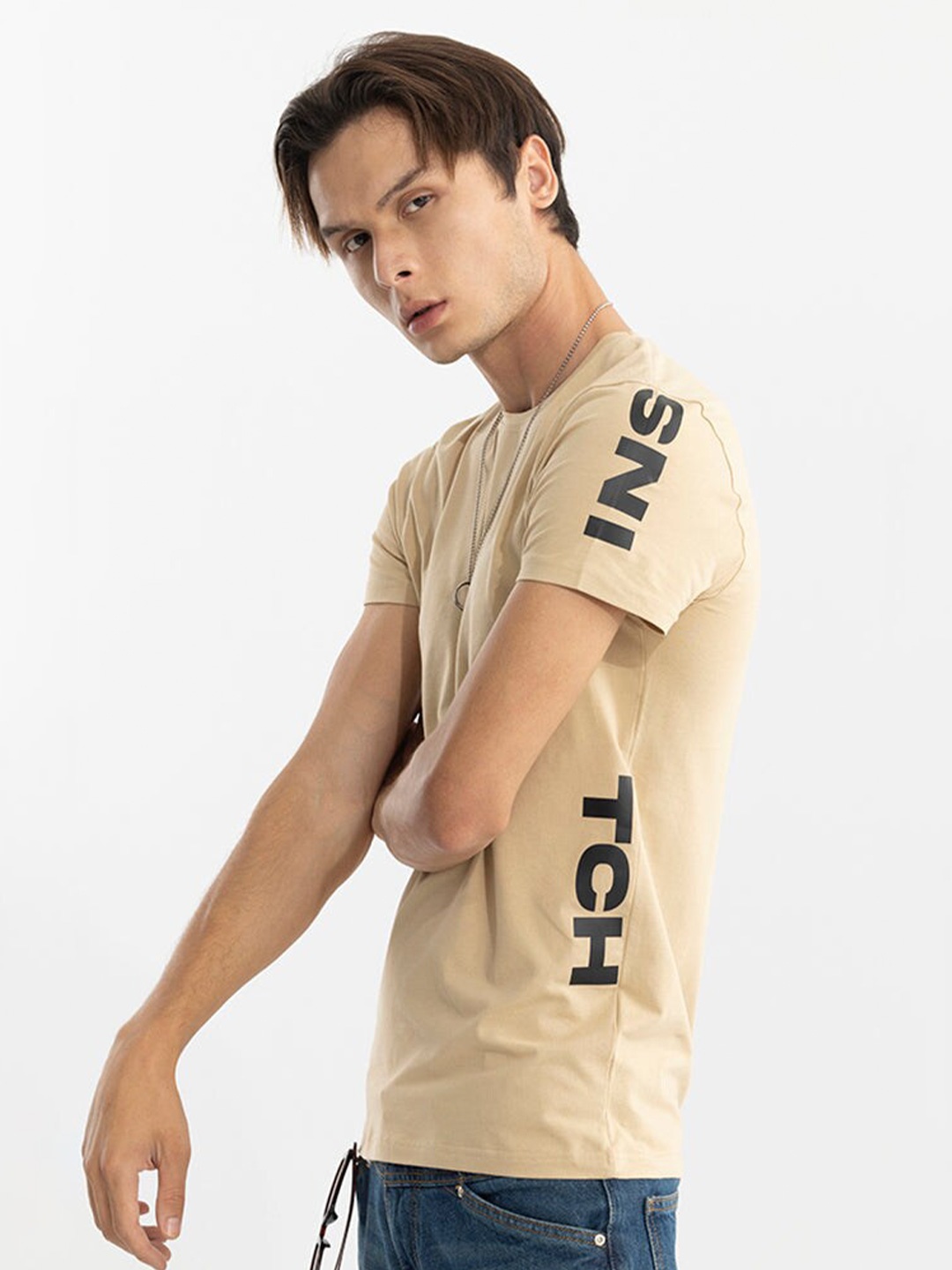 

Snitch Cream-Coloured Typography Placement Printed Round Neck Cotton Casual T-shirt