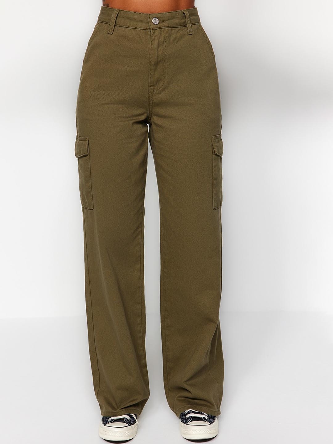 

Trendyol Women Mid-Rise Cotton Regular Trousers, Olive