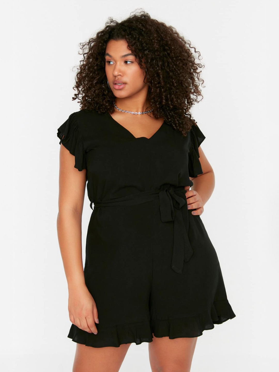 

Trendyol Plus Size V-Neck Short Sleeves Playsuit, Black