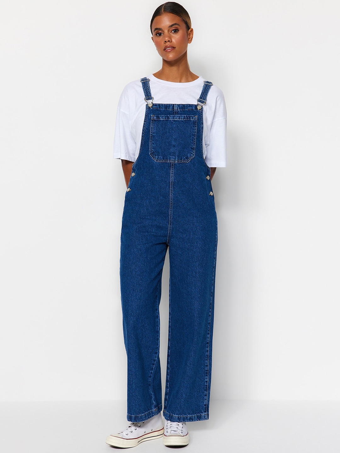 

Trendyol Straight Leg Fit Pure Cotton Denim Dungaree, Blue