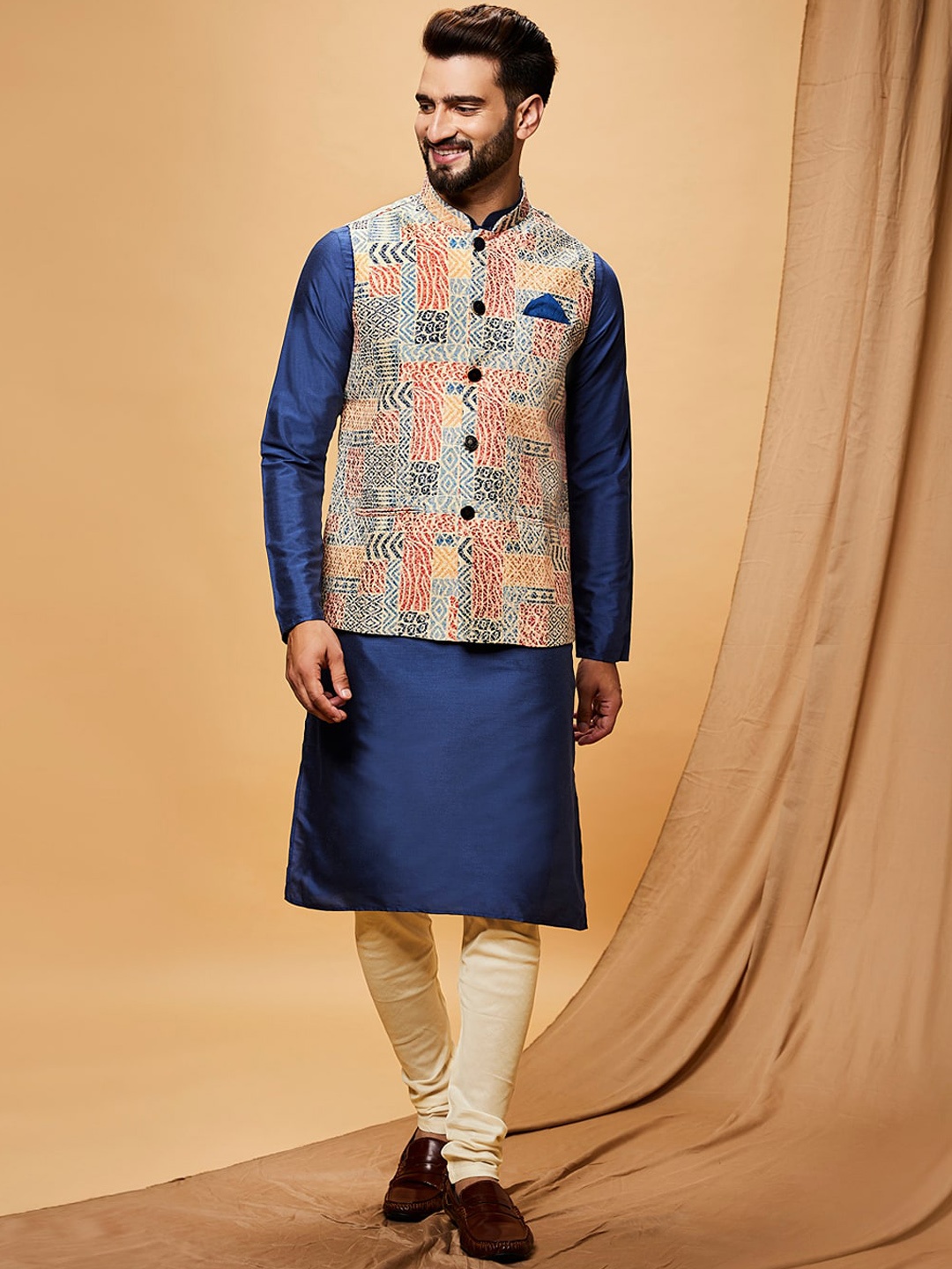 

KISAH Mandarin Collar Straight Kurta With Churidar & Nehru Jacket, Blue
