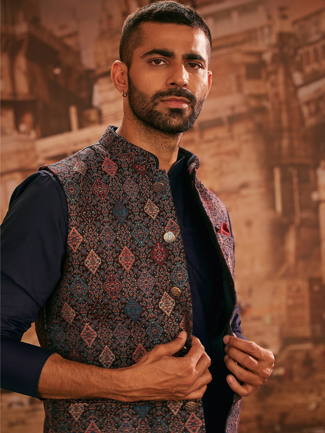 

KISAH Men Woven Jacquard Regular Fit Ethnic Motifs Kurta Jacket Trouser Set, Blue