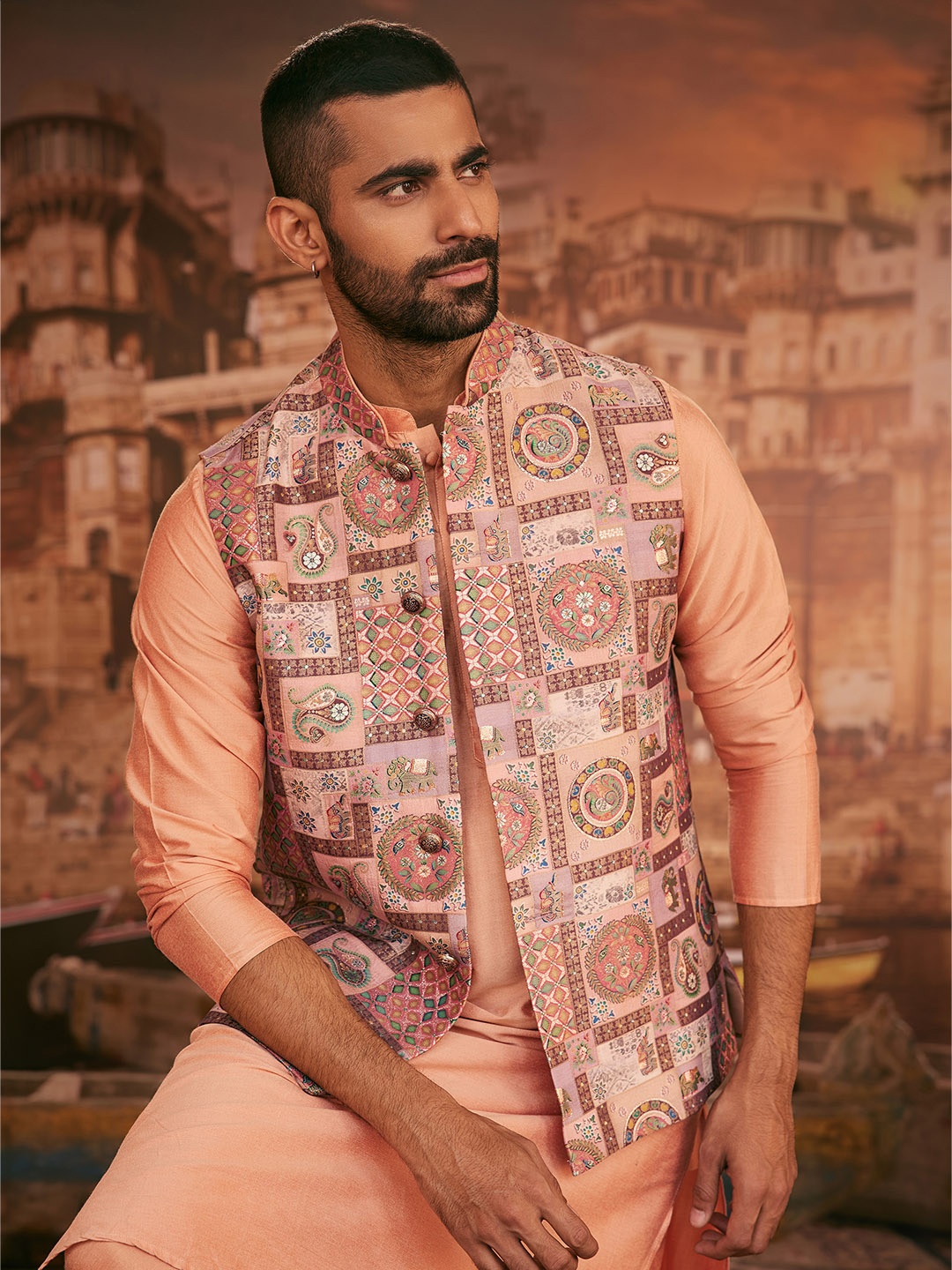 

KISAH Straight Kurta With Churidar & Jacket, Orange